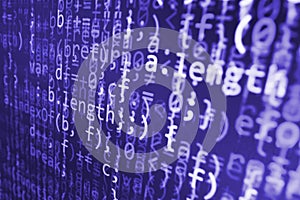 Coding programming source code screen. Colorful abstract data display. Software developer web program script.
