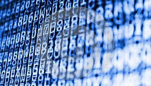 Coding programming source code screen. Colorful abstract data display. Software developer web program script.