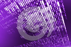 Coding programming source code screen. Colorful abstract data display. Software developer web program script.