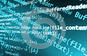 Coding programming source code screen. Colorful abstract data display. Software developer web program script.