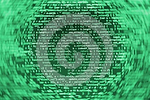 Coding programming source code screen. Colorful abstract data display. Software developer web program script.
