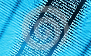 Coding programming source code screen. Colorful abstract data display. Software developer web program script.