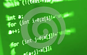 Coding programming source code screen. Colorful abstract data display. Software developer web program script.