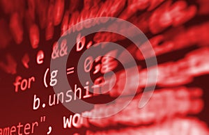 Coding programming source code screen. Colorful abstract data display. Software developer web program script.