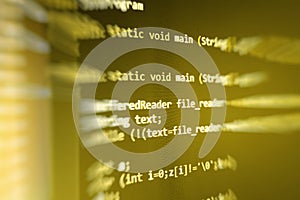 Coding programming source code screen. Colorful abstract data display. Software developer web program script.