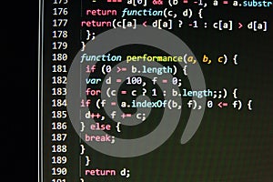 Coding programming source code screen. Colorful abstract data display. Software developer web program script.