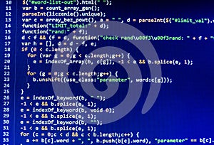 Coding programming source code screen. Colorful abstract data display. Software developer web program script.