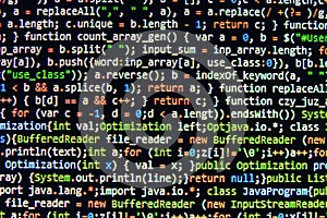 Coding programming source code screen. Colorful abstract data display. Software developer web program script.