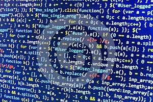 Coding programming source code screen. Colorful abstract data display. Software developer web program script.