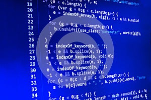 Coding programming source code screen. Colorful abstract data display. Software developer web program script.