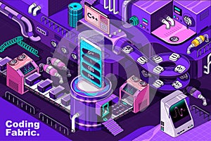 Coding and programming web concept in 3d isometric design. Software, programs and scripts engineering. Abstract fabric production