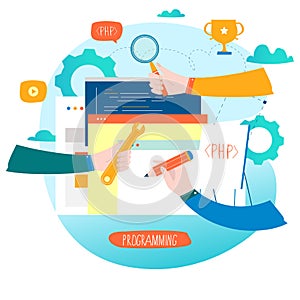 Coding, programming, website and application development flat vector illustration design for mobile and web graphics
