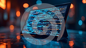 Coding script text on screen.Running Computer data programming