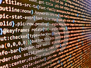 Coding script text on screen. Web abstract programming and created virus on laptop screen. Software source code. Developer