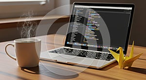 Coding session with coffee and origami