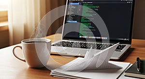 Coding session with coffee and origami