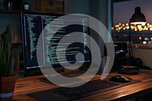 Coding session at dusk with illuminated city skyline and computer setup