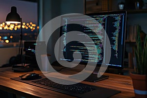 Coding session at dusk with illuminated city skyline and computer setup