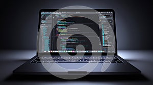 Coding session with laptop displaying colorful programming code in a dimly lit environment