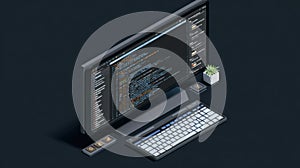 Coding setup with desktop computer displaying programming code and minimalist accessories on desk