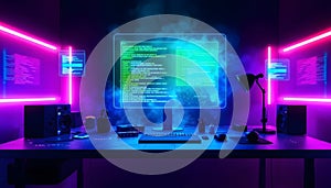 Coding Setup with Neon Lights and Computer Screen Displaying Code