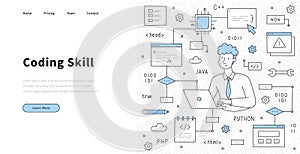 Coding skill doodle landing page with programmer