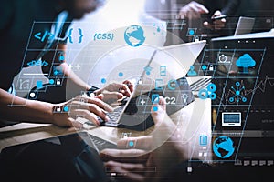 StartUp Programming Team. Website designer working digital table