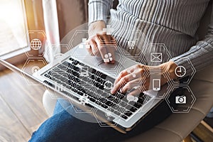 Coding software developer work with augmented reality dashboard computer icons