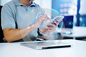 Coding software developer work with augmented reality dashboard computer icons