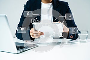 Coding software developer work with augmented reality dashboard computer icons