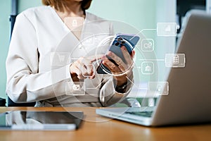 Coding software developer work with augmented reality dashboard computer