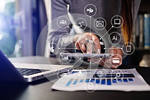 Coding software developer work with augmented reality dashboard computer icons  with responsive cybersecurity