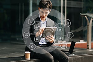 Coding software developer work with augmented reality dashboard computer icons with responsive cybersecurity