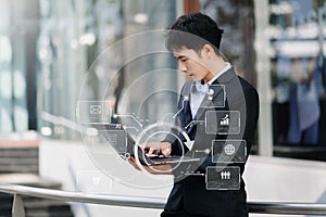 Coding software developer work with augmented reality dashboard computer icons with responsive cybersecurity