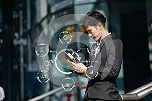 Coding software developer work with augmented reality dashboard computer icons with responsive cybersecurity