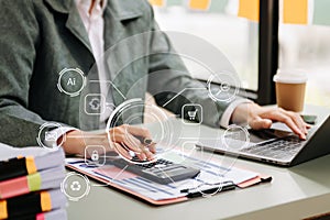 Coding software developer work with augmented reality dashboard computer icons with responsive cybersecurity