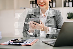 Coding software developer work with augmented reality dashboard computer icons with responsive cybersecurity