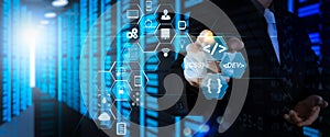 Coding software developer work with augmented reality dashboard computer icons of scrum agile development and code fork and versio