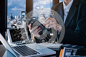 Coding software developer work with augmented reality dashboard computer icons of scrum agile development and code fork