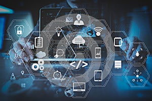 businessman hand working with modern laptop computer in modern o