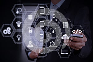 businessman hand use smart phone computer with email icon