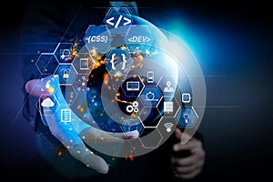 Coding software developer work with augmented reality dashboard computer icons of scrum agile development