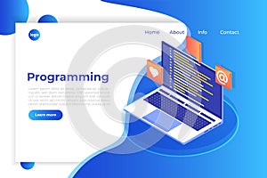 Coding, Software development, programming isometric concept, program code on screen, big data processing, computing.