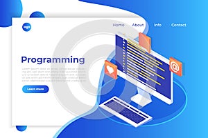 Coding, Software development, programming isometric concept, program code on screen, big data processing, computing.