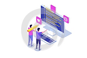 Coding, Software development, programming isometric concept, program code on screen, big data processing, computing.