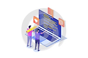 Coding, Software development, programming isometric concept, program code on screen, big data processing, computing.