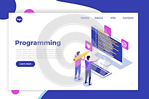 Coding, Software development, programming isometric concept, program code on screen, big data processing, computing.
