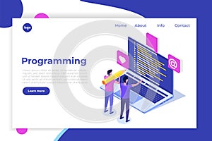 Coding, Software development, programming isometric concept, program code on screen, big data processing, computing.