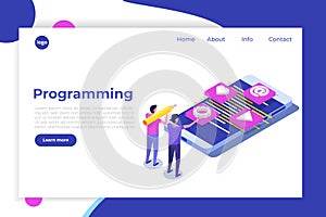 Coding, Software development, programming isometric concept, program code on screen, big data processing, computing.