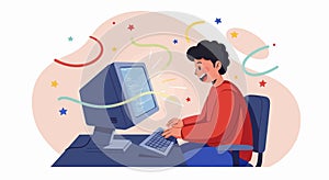 Coding Success: Happy Programmer at Retro Computer